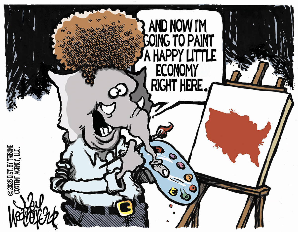 This cartoon depicts an elephant that looks like famed television painter Bob Ross. He has an easel that shows a map of the United States. The elephant says, “And now I’m going to paint a happy little economy right here.”