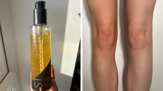 Collage of images (L-R) hand holding the St Tropez Tan Luxe Body Serum and testing the self-tan on the left leg compared to a bare, untanned right leg