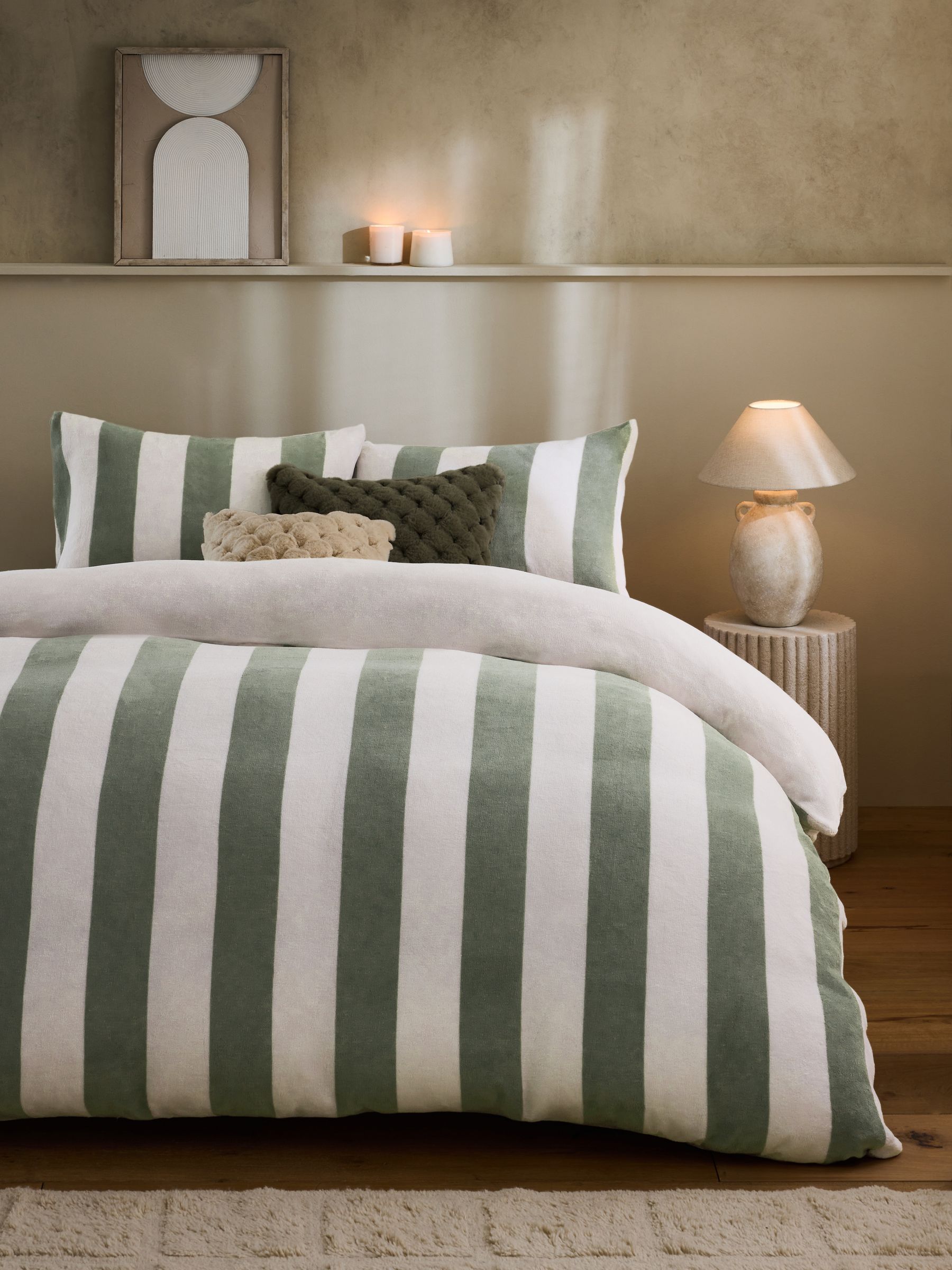 Green Sage Stripe Fleece Duvet Cover and Pillowcase Set