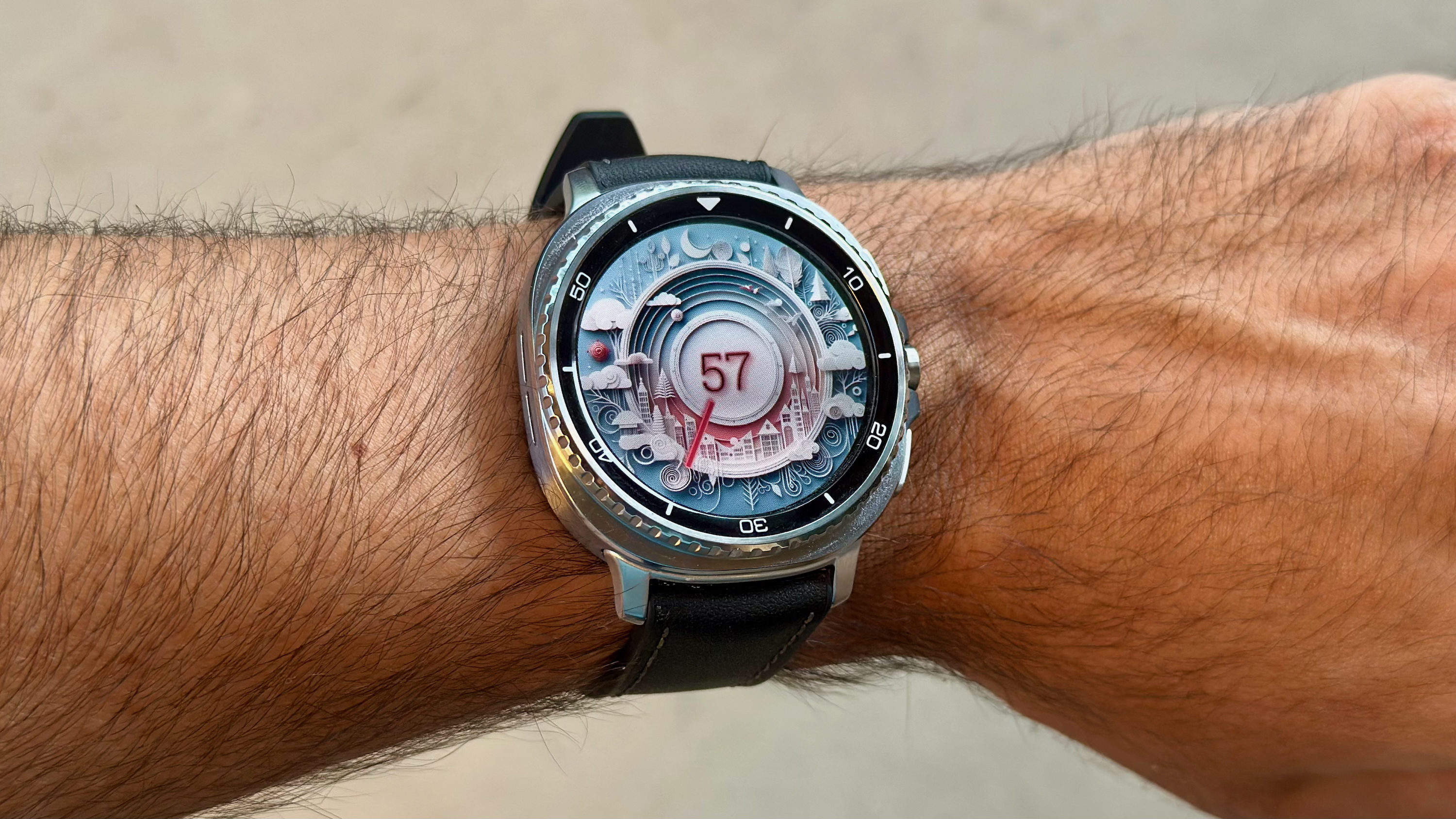 The Samsung Galaxy Watch 8 Classic on a person's wrist, showing a custom watch face from the Pujie app called "The Paper City."