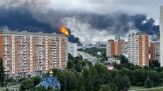 Black smoke rises from Russian oil producer Gazprom Neft's Moscow oil refinery