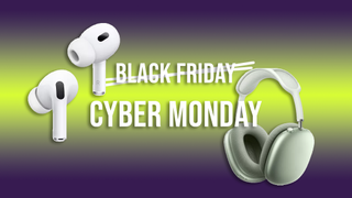 Two pairs of Apple headphones overlaid with Cyber Monday text