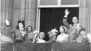 Prince Philip young - The royal family gathers on the balcony of Buckingham Palace to watch the Trooping the Colour ceremony on the Queen's official birthday, 13th June 1957. From left to right, Queen Elizabeth II, Princess Alexandra of Kent, Princess Anne, the Duchess of Gloucester, Princess Margaret, the Duke of Gloucester, Prince Philip and Prince Charles. (Photo by Fox Photos/Hulton Archive/Getty Images)