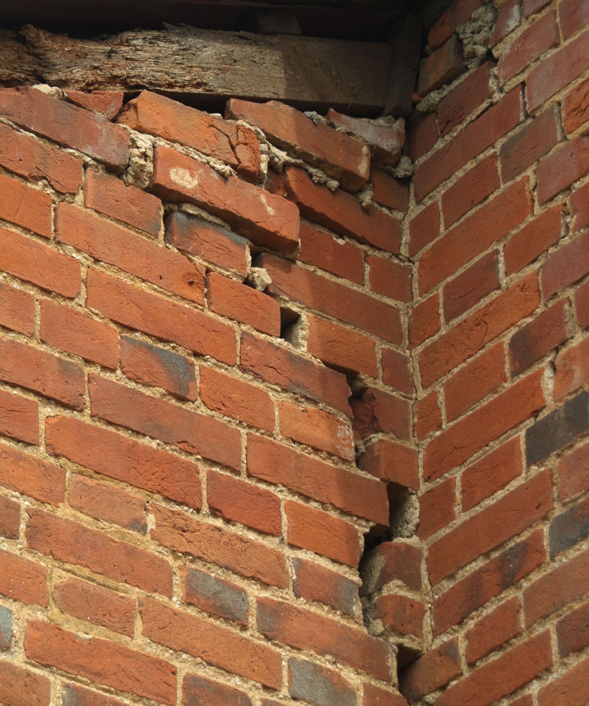 A large crack in brickwork showing subsidence