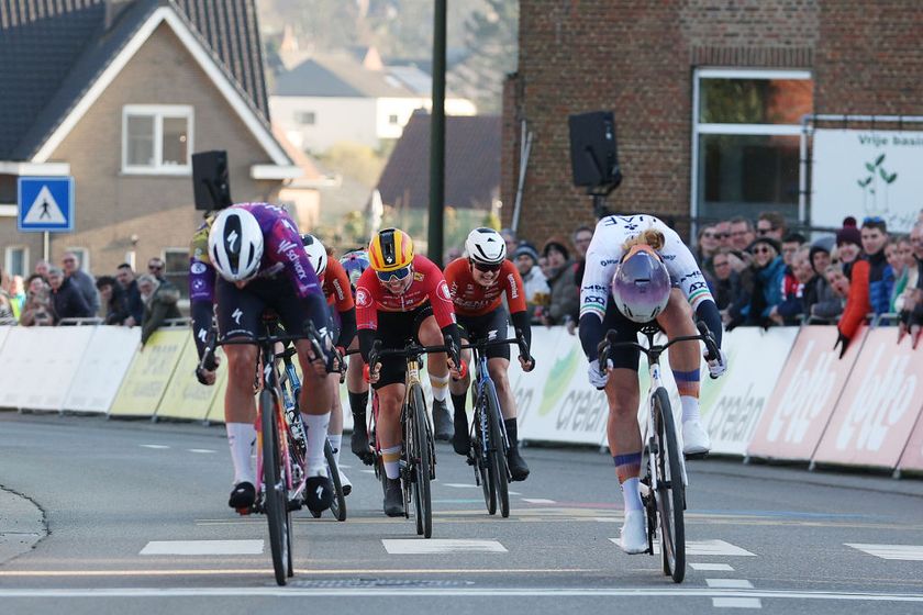 TIELTWINGE BELGIUM MARCH 02 A general view of Femke Gerritse of Netherlands and Team SD Worx Protime Susanne Andersen of Norway and Team UnoX Mobility and Lara Gillespie of Ireland and Team UAE Team ADQ competes during the 17th Fenix Omloop van het Hageland 2025 a 1356km one day race from Aarschot to TieltWinge on March 02 2025 in TieltWinge Belgium Photo by Rhode Van ElsenGetty Images