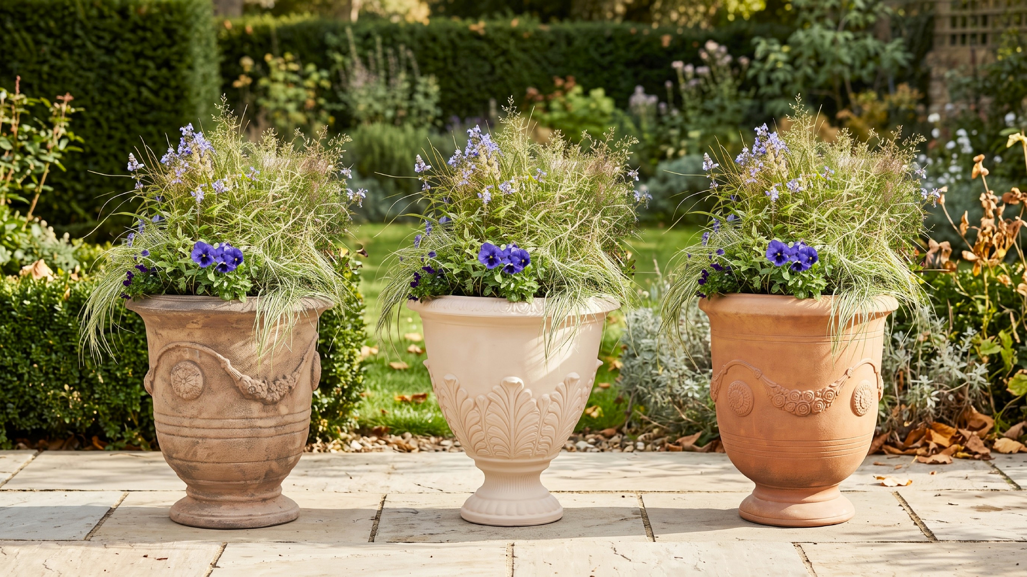 Three urn planters from Anthropologie, Home Depot and Amazon in a garden