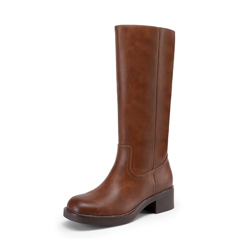Dream Pairs Womens Knee High Boots Square Toe Platform Chunky Block Heel Banana Campus Boots for Women Comfortable Low Heel Side Zipper Womens Riding Tall Boots,size 7,light Brown,dwumkb2539