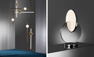 Left, ‘Orion’ pendant set. Right, ‘Eclipse’ table lamp, both by Lee Broom