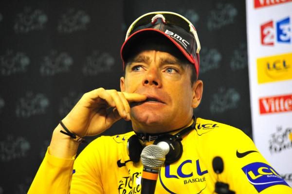 Cadel Evans (BMC) considers an answer in the post-race press conference.