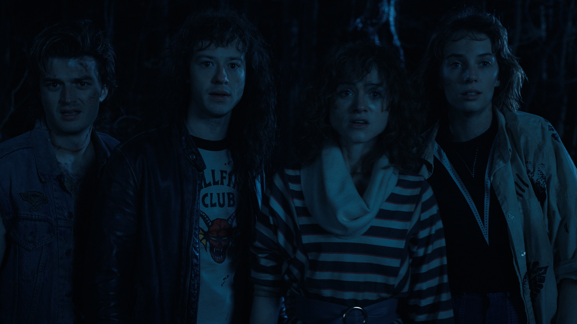 Steve, Eddie, Robin, and Nancy seemingly encounter a monster in Stranger Things 4