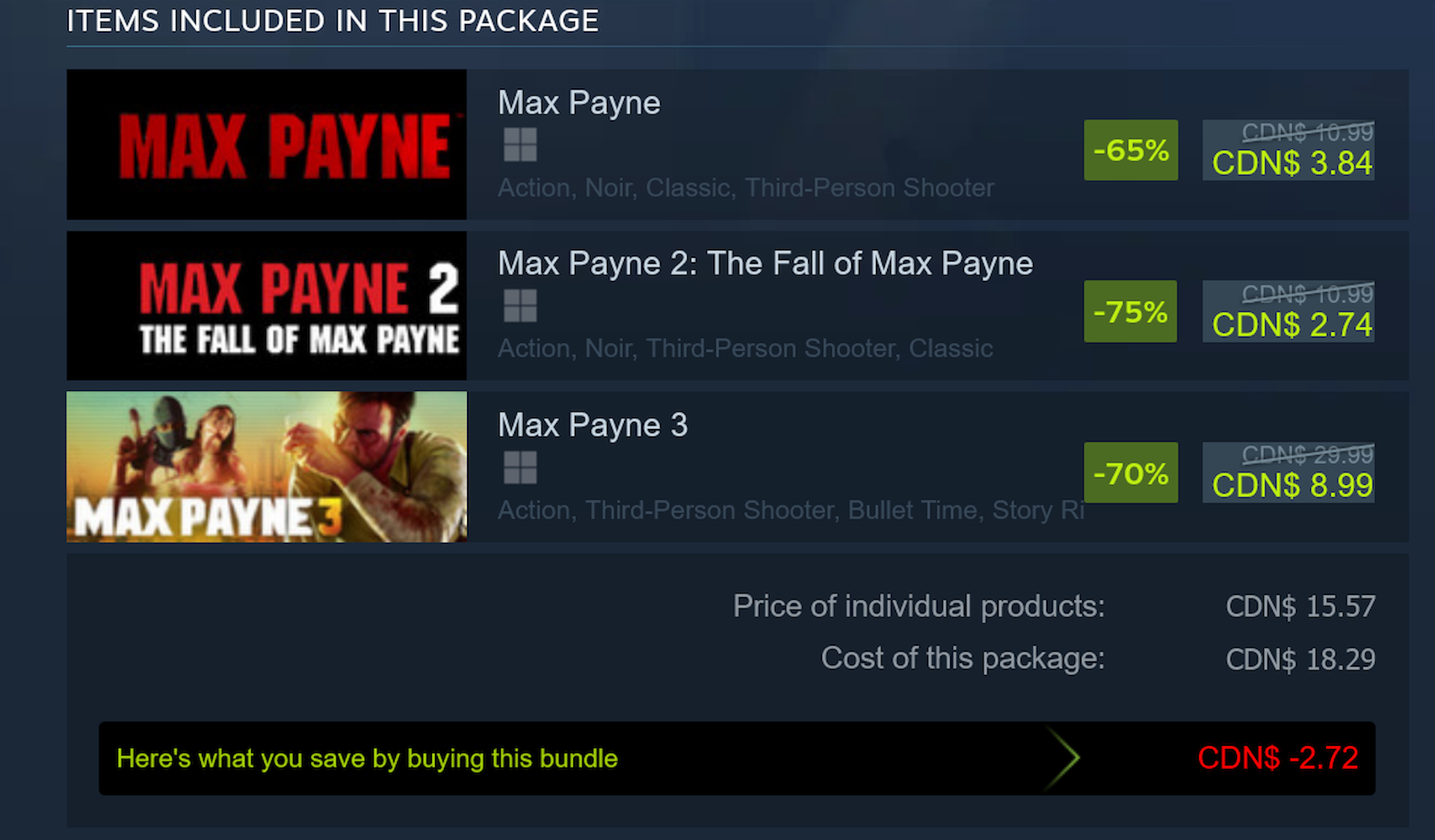 Max Payne Complete Pack pricing in Steam&#039;s TPS Fest sale