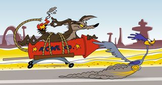 Wile E. Coyote attempts to kill the Roadrunner with an Acme firework