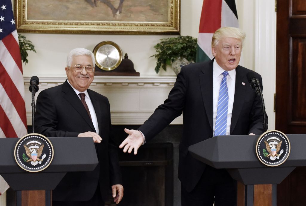 President Donald Trump gives a joint statement with President Mahmoud Abbas of the Palestinian Authority