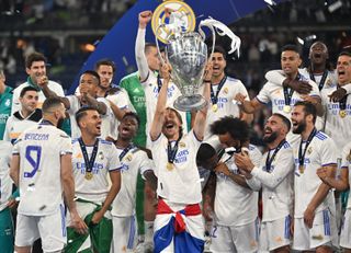 Real Madrid players celebrate their Champions League final win over Liverpool in May 2022.