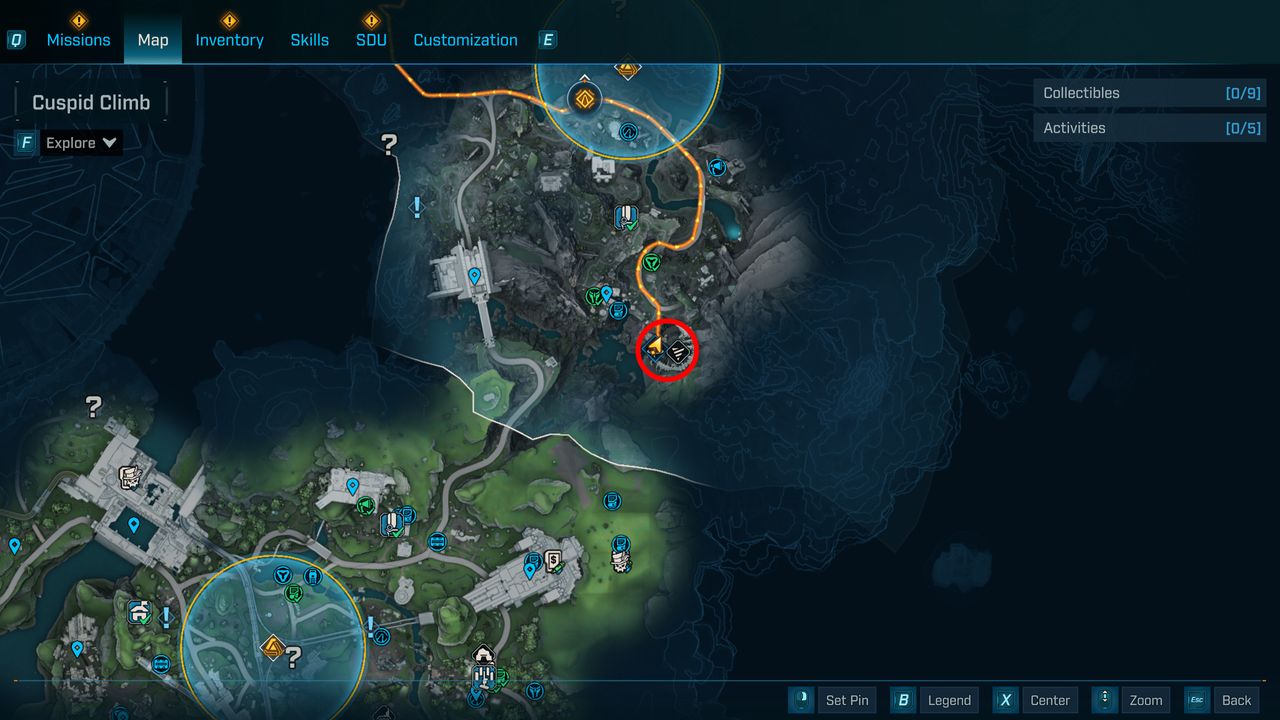 Borderlands 4 Hellwalker location: A map with a red circle highlighting the location of The Old Scrape dig site where you can get the Hellwalker.
