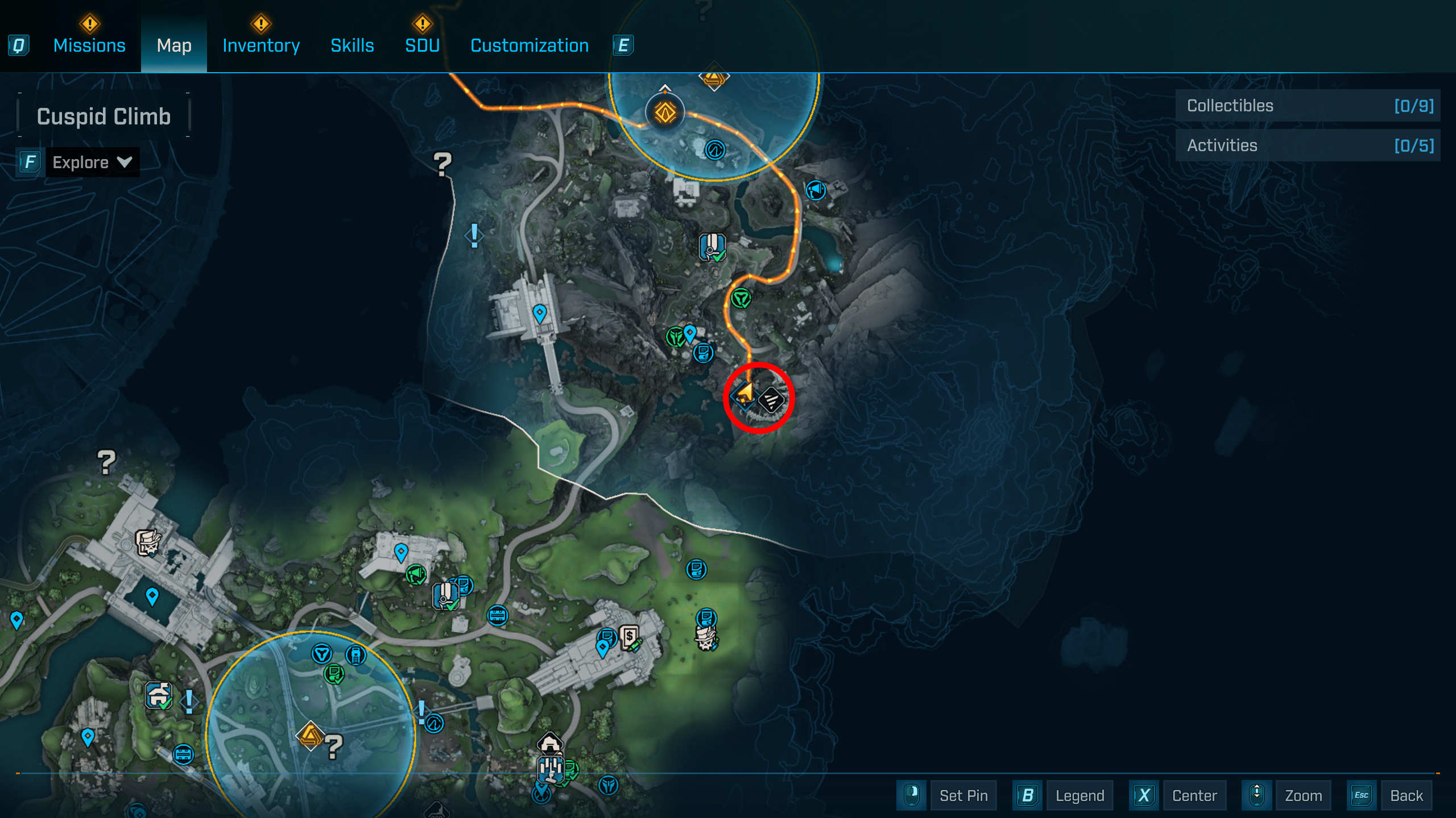Borderlands 4 Hellwalker location: A map with a red circle highlighting the location of The Old Scrape dig site where you can get the Hellwalker.