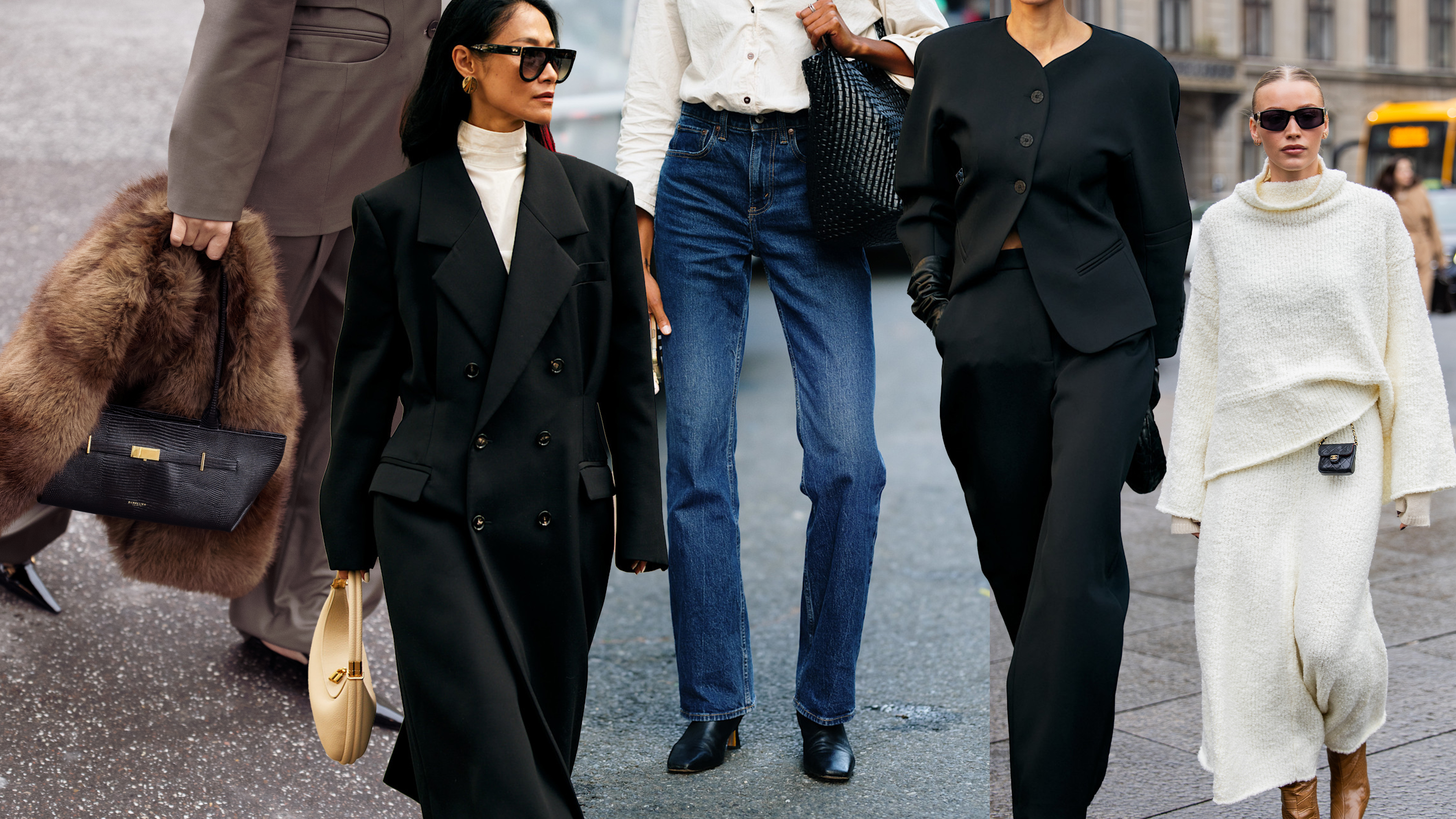 A collage of rich-looking winter outfits to inspire a 2026 closet update. 