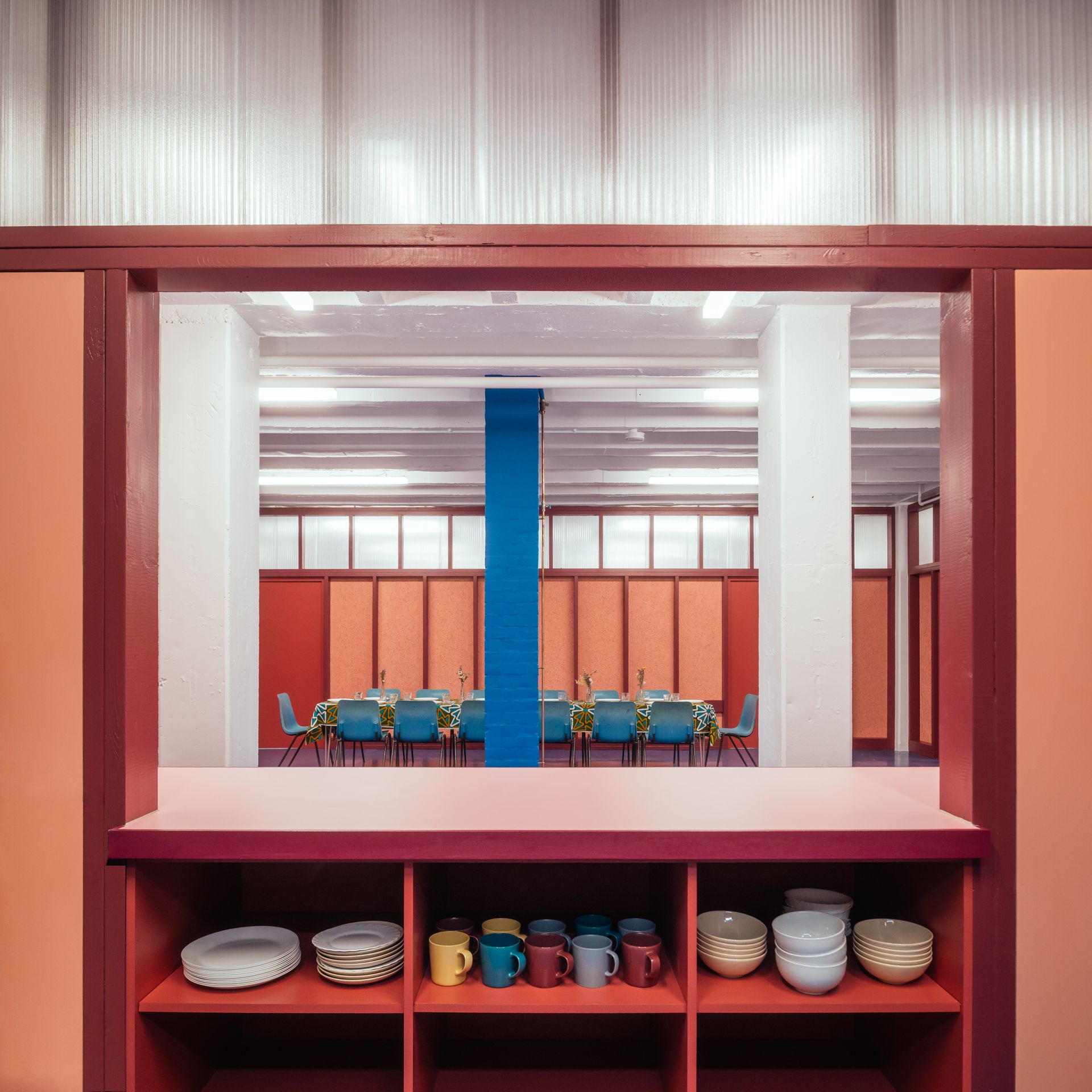 The Common Rooms interior with blue column