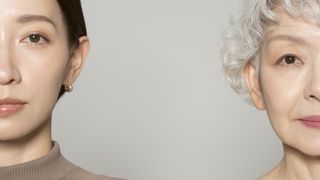 A young woman&#039;s face on the left juxtaposed with an older woman&#039;s face on the right