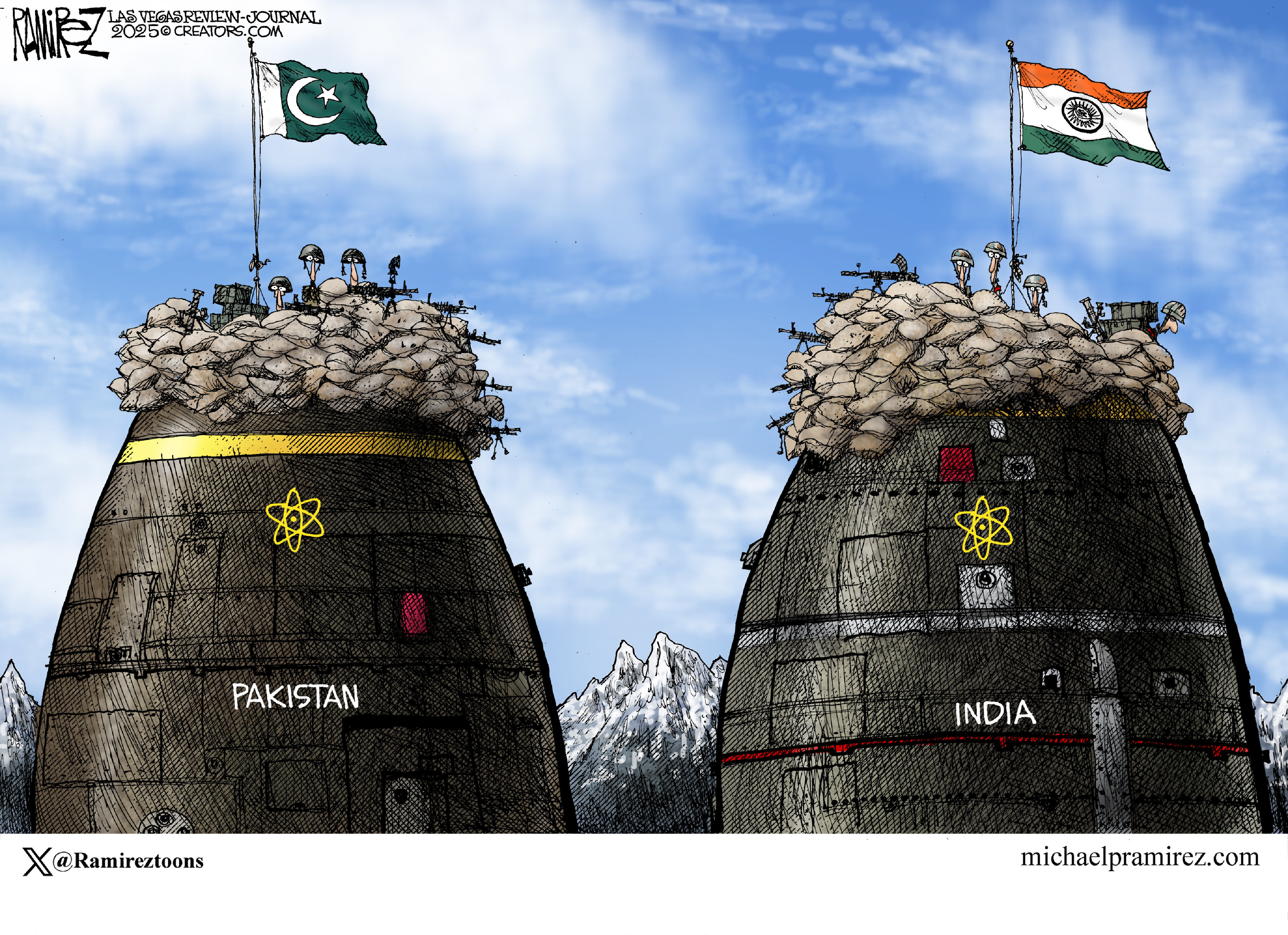 This cartoon depicts two large nuclear missiles, one labeled "PAKISTAN" with a Pakistani flag on top, and the other labeled "INDIA" with an Indian flag on top. Both missiles are heavily fortified with sandbags and armed figures.