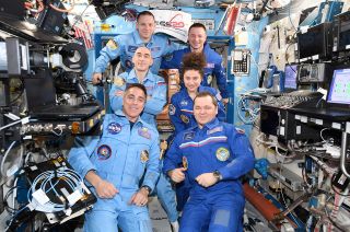 Expedition 62 crewmates Oleg Skripochka (bottom right), Jessica Meir (center right) and Andrew Morgan (top right) landed on Friday, April 17, 2020, leaving Expedition 63 crewmates Chris Cassidy (bottom left), Anatoli Ivanishin (center left) and Ivan Vagner aboard the International Space Station.