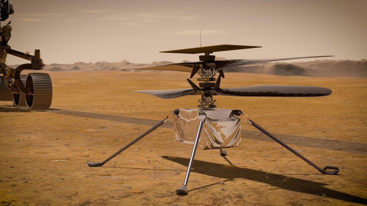 An artist&#039;s depiction of NASA&#039;s Ingenuity helicopter on Mars.