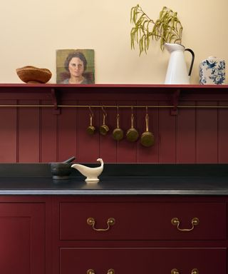 devol kitchens dark red shaker kitchen with paneling and open shelving