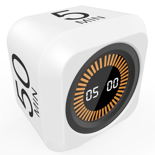 Rotating Cube Visual Pomodoro Timer 5, 25, 10 50 Minutes Preset + Custom Countdown, Rechargeable Desk Productivity Flip Timer With Detachable Silicone Cover for Adhd Study Work Kitchen School (white)