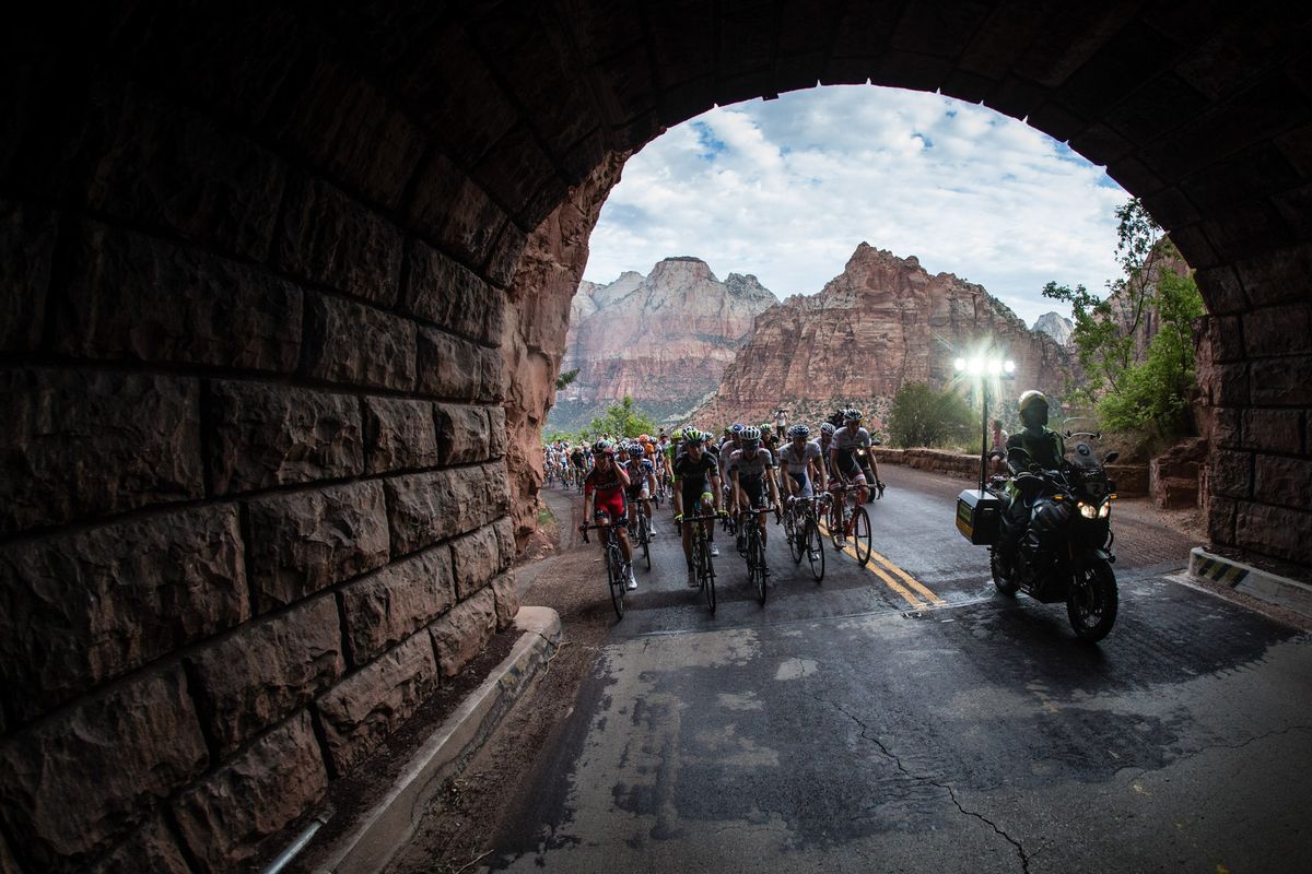 For the first time ever, motorcycles were used to light the way for riders to get through the 1 mile long tunnel in Zion National Park during the Tour of Utah.