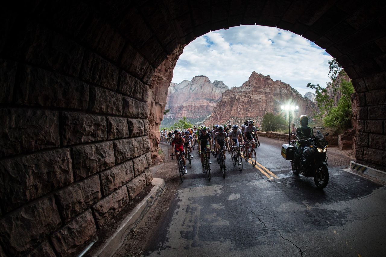For the first time ever, motorcycles were used to light the way for riders to get through the 1 mile long tunnel in Zion National Park during the Tour of Utah.