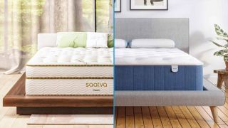 Saatva vs Bear mattress image shows the Saatva Classic on the left and the Bear Elite Hybrid mattress on the right