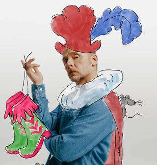 Simon Pegg wearing a cartoon fancy hat and holding a cartoon pair of boots.