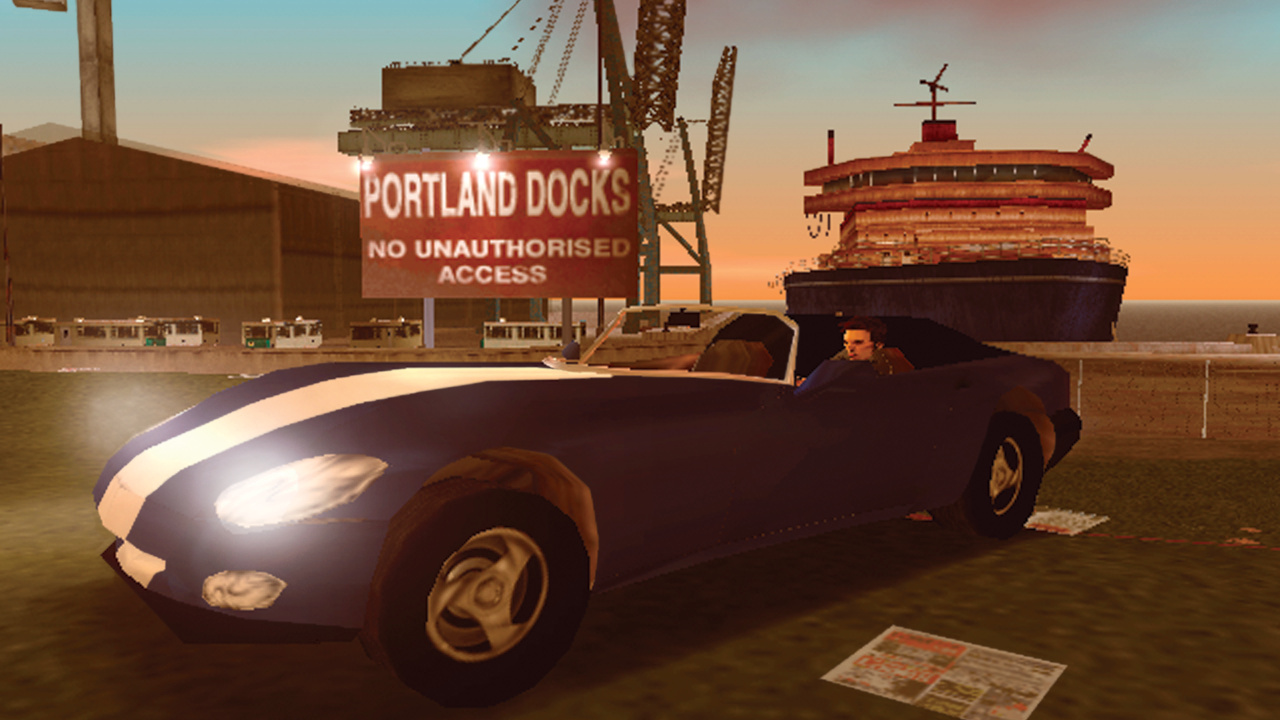 Claude drives the banshee sports car in Grand Theft Auto 3, from the PLAY Magazine GTA 3 20th anniversary Making Of feature