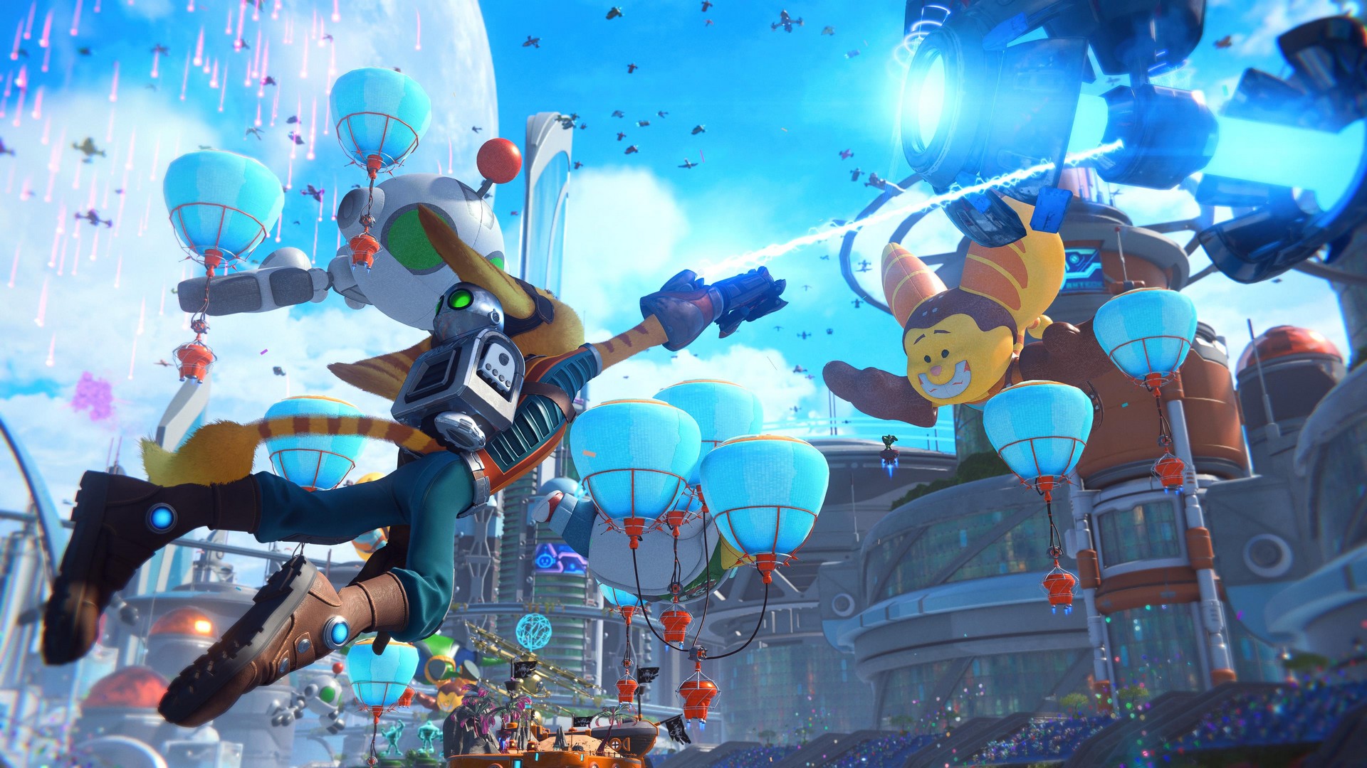 Ratchet grapples through the opening parade of Ratchet &amp;amp; Clank: Rift Apart