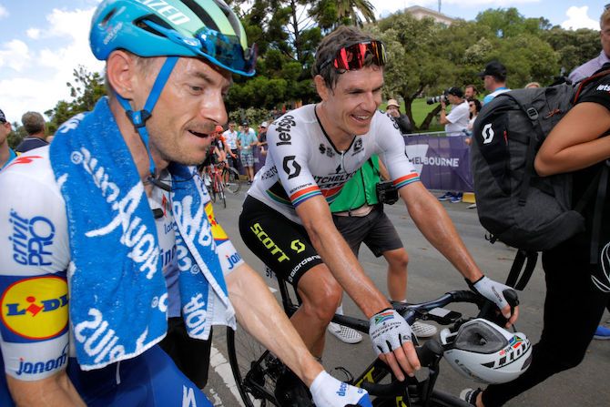 Cadel Evans Great Ocean Road Race winner Dries Devenyns (Deceuninck-QuickStep) and third-placed Daryl Impey (Mitchelton-Scott) share a joke