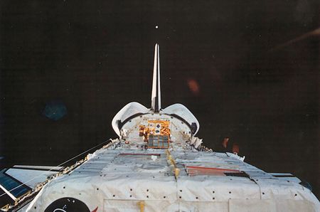 The Orbital Debris Calibration Sphere is deployed from space shuttle Discovery by the STS-63 crew on Feb. 4, 1995.