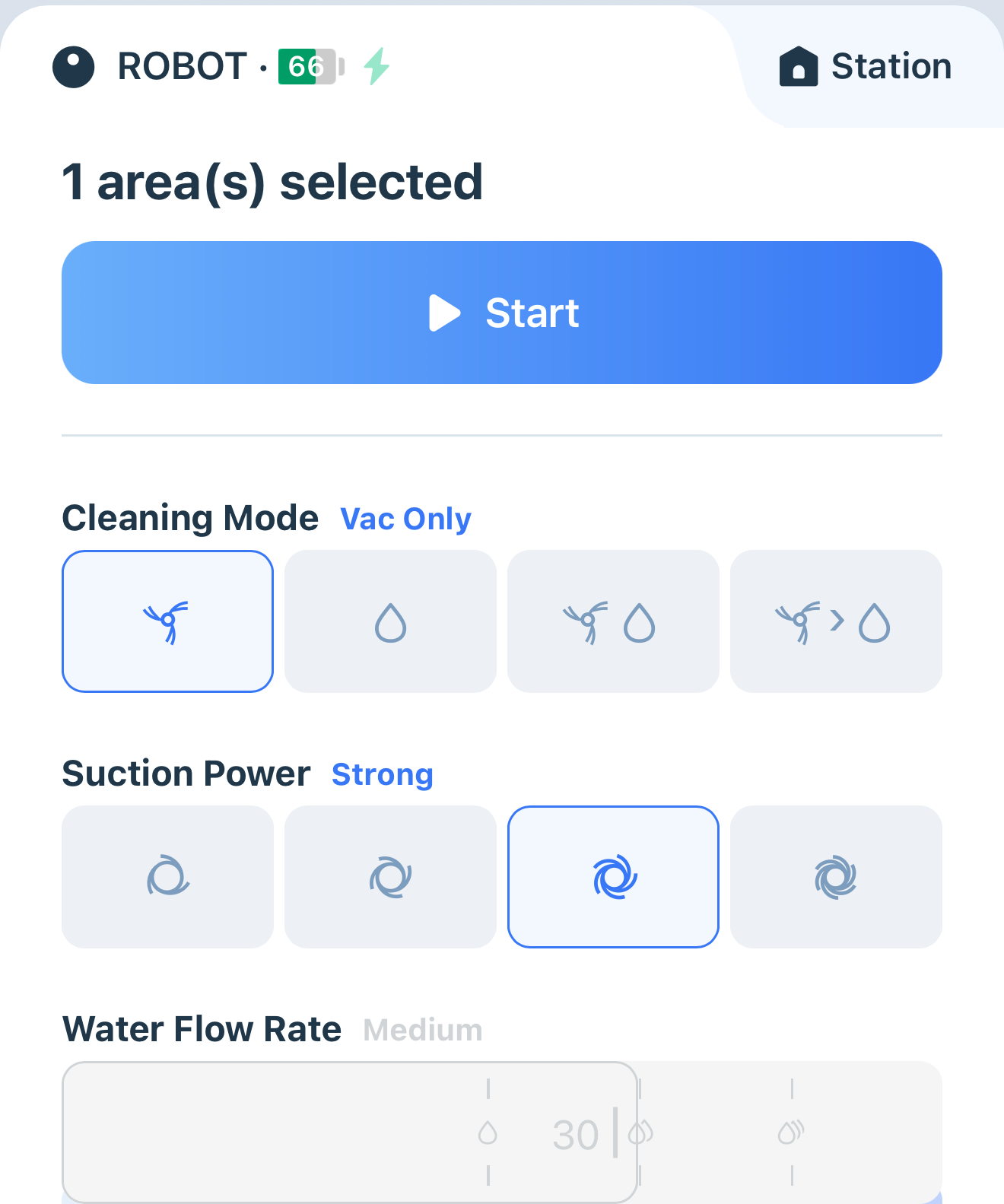 Ecovacs Home app showing cleaning settings including suction power, water flow, cleaning speed and cleaning mode