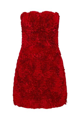 red strapless rose texture mini dress