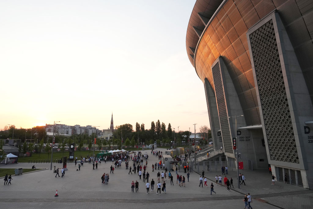 Fans gather outside the Puskas Arena ahead of the 2023 Europa League final