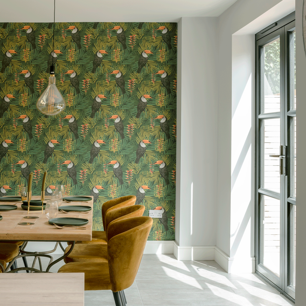 dining area with wooden dining table and toucans wallpaper