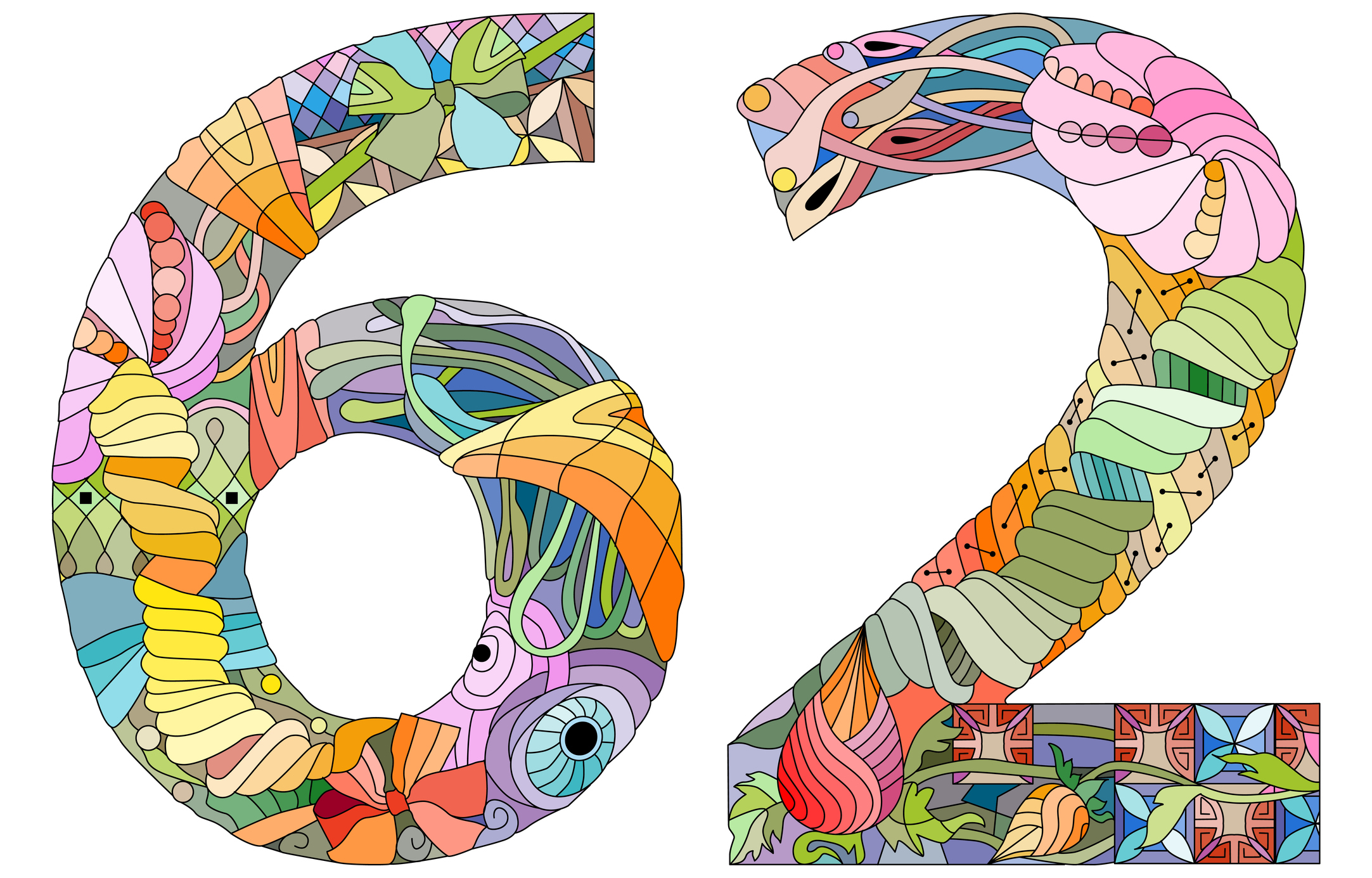 Sixty two number Isolated zentangle illustration for decoration