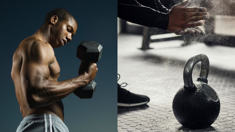 dumbbell vs kettlebell: Muscular person using dumbell (left), person picking up a kettlebell (right)