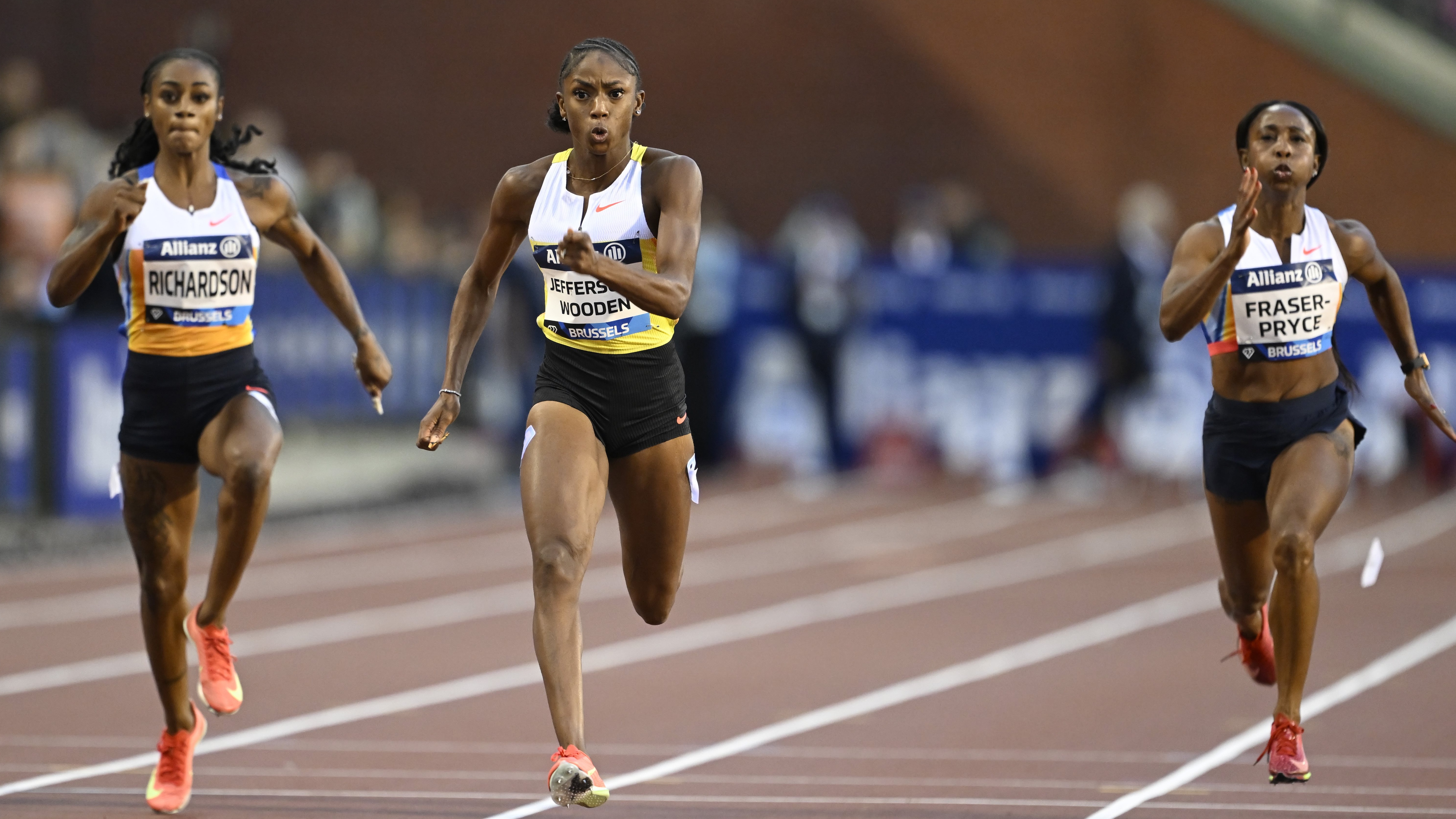 Richardson, Jefferson-Wooden and Fraser-Pryce during the 100M women's race of the 2025 Allianz Memorial Van Damme in Brussels, Belgium