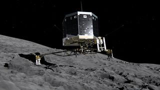This still image from an animation shows Philae lander separating from Rosetta spacecraft, then descending to the surface of comet 67P/Churyumov-Gerasimenko as planned for November 2014. Image released Feb. 17, 2014.