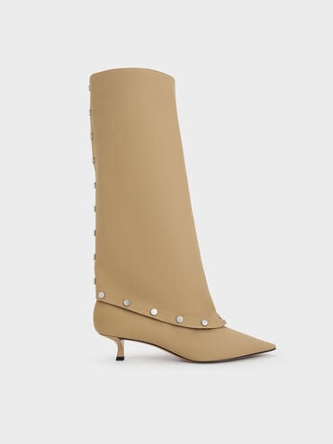 Gael Twill Studded Convertible Kitten-Heel Knee-High Boots