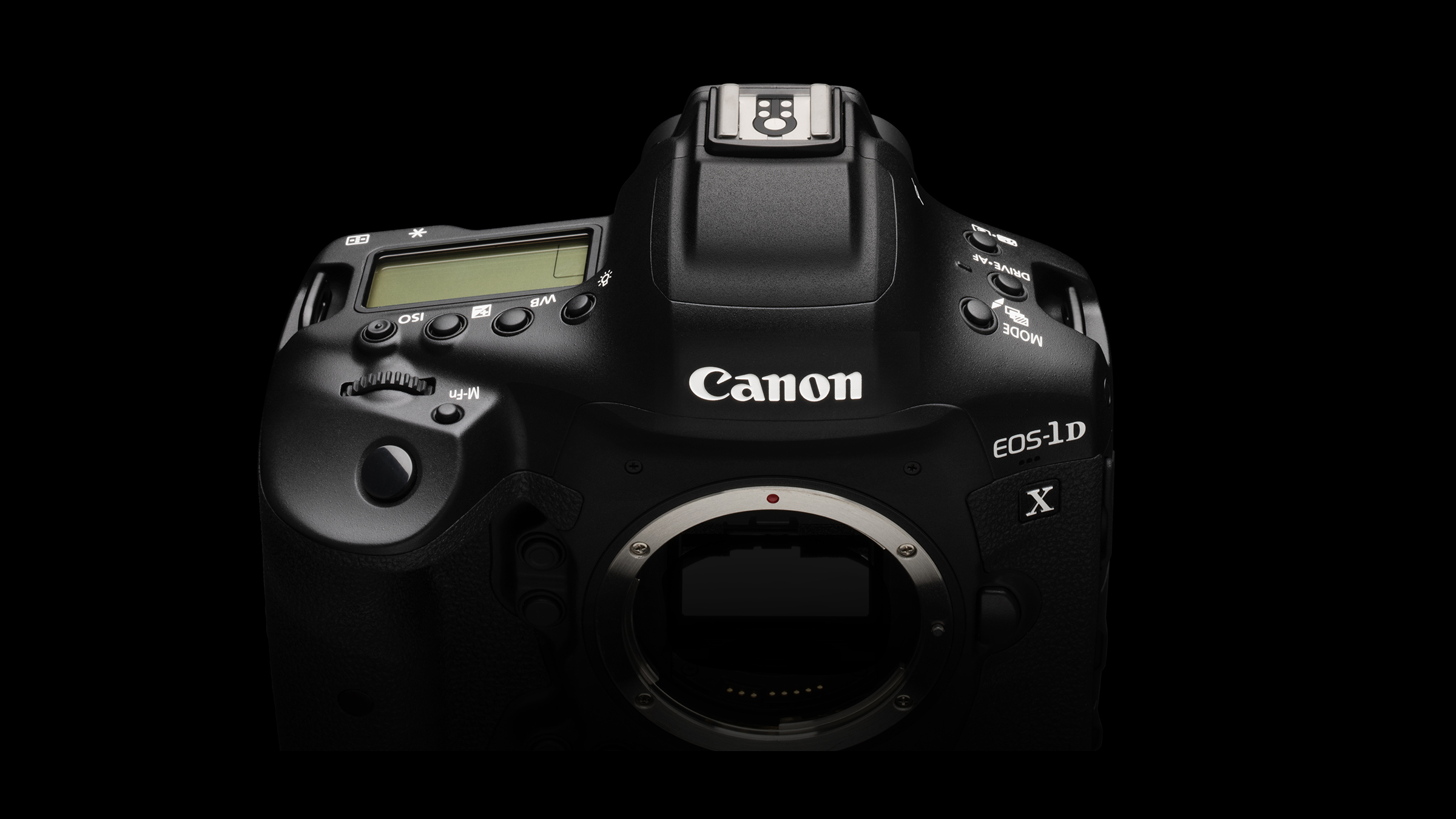 A top-down view of the Canon 1D X Mark III, one of the best Canon cameras, on a black background