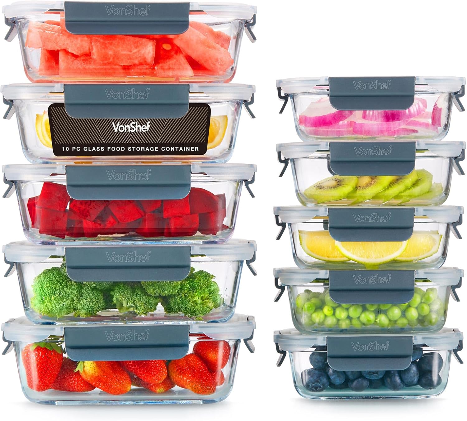 Vonshef Glass Containers With Lids - 10 Piece Meal Prep Food Lunch Boxes 1l and 370ml Capacities, Oven and Dishwasher Safe, Airtight Leakproof Seal Great for Batch Cooking