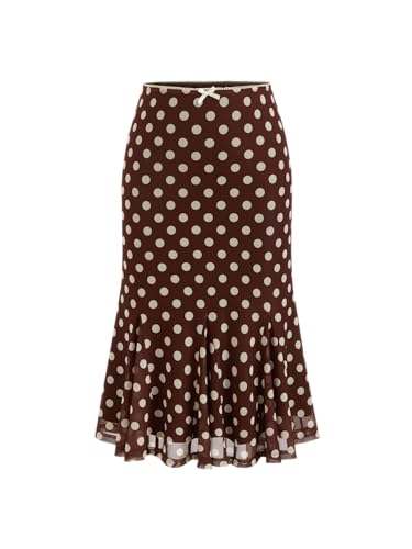 Cider Womens Polka Dot Midi Skirt Bowknot Sheer Mesh Trendy Skirt Coffee