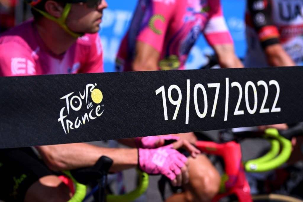 FOIX FRANCE JULY 19 Inaugural ribbon detail view during the 109th Tour de France 2022 Stage 16 a 1785km stage from Carcassonne to Foix TDF2022 WorldTour on July 19 2022 in Foix France Photo by Dario BelingheriGetty Images