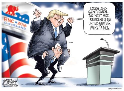 Political cartoon U.S. Donald Trump piggyback Mike Pence GOP convention